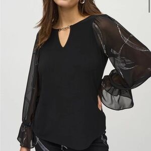 Joseph Ribkoff Ladies Black/Silver Silky Knit Top w/ Foiled Chiffon Sleeves